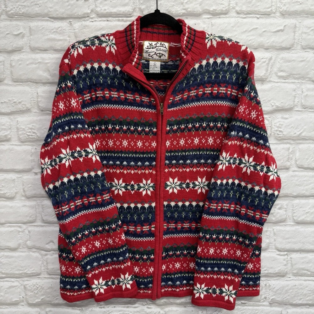 Vtg Heirloom Collectibles Knit Sweater Cardigan Red‎ Snowflake Country Christmas